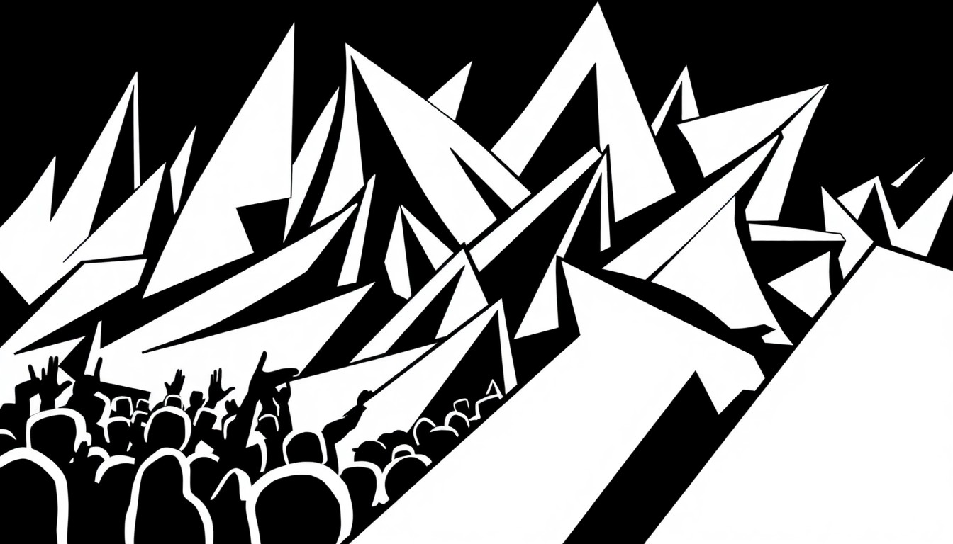 An abstract composition of stark, angular black shapes against a stark white background, conveying the energy and diversity of a major music festival through bold, graphic design.