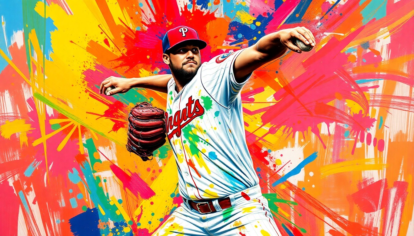 An expressionist painting in vibrant neon colors capturing the raw energy and motion of a baseball pitcher on the mound, with their face and uniform details dissolving into abstract brushstrokes.