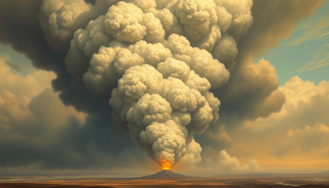 A vast, majestic landscape painting depicting a towering plume of thick, billowing smoke rising from a small, obscured fire in the distance, dwarfing the surrounding environment and conveying the overwhelming, sublime scale of the natural forces at play.