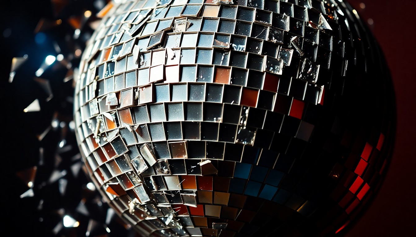 An extreme close-up photograph of a shattered disco ball reflecting glittering shards of light, conceptually representing the innovative spirit and enduring impact of 1990s R&B and hip-hop.