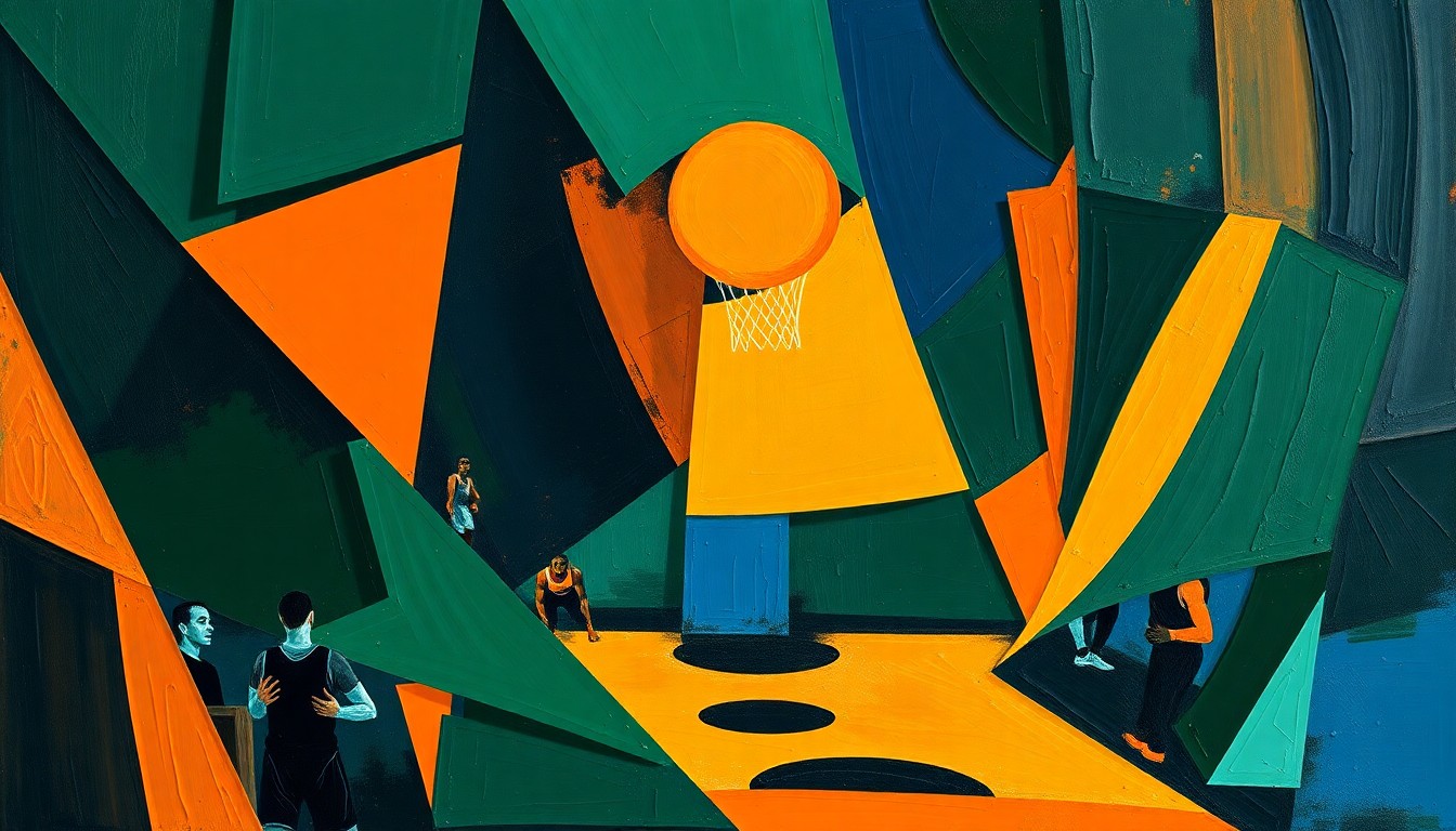 A fractured, geometric painting in deep green, navy, and orange hues, breaking down a basketball game or match into sharp, overlapping planes, conceptually representing the Bucks' challenges in supporting their franchise player.
