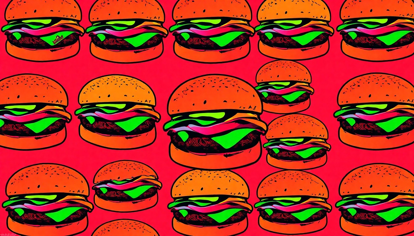 A high-contrast, silkscreen-style illustration of a Thurman Cafe burger repeated in a grid, using bold, neon colors and heavy black outlines to capture the restaurant's iconic menu item in a modern, conceptual way.