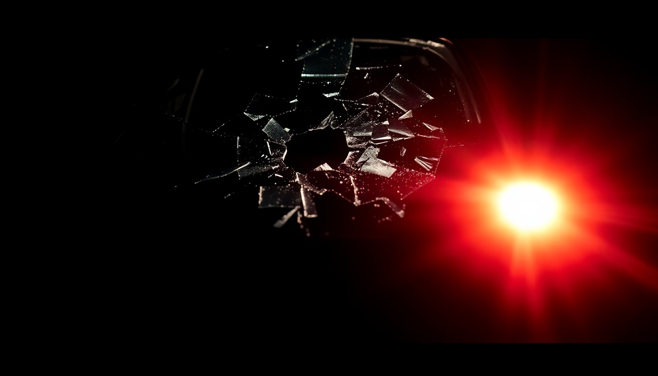 An extreme close-up photograph of a shattered car windshield or crumpled car part, lit by a harsh, direct camera flash against a pitch-black background, conceptually illustrating the aftermath of a serious car accident.