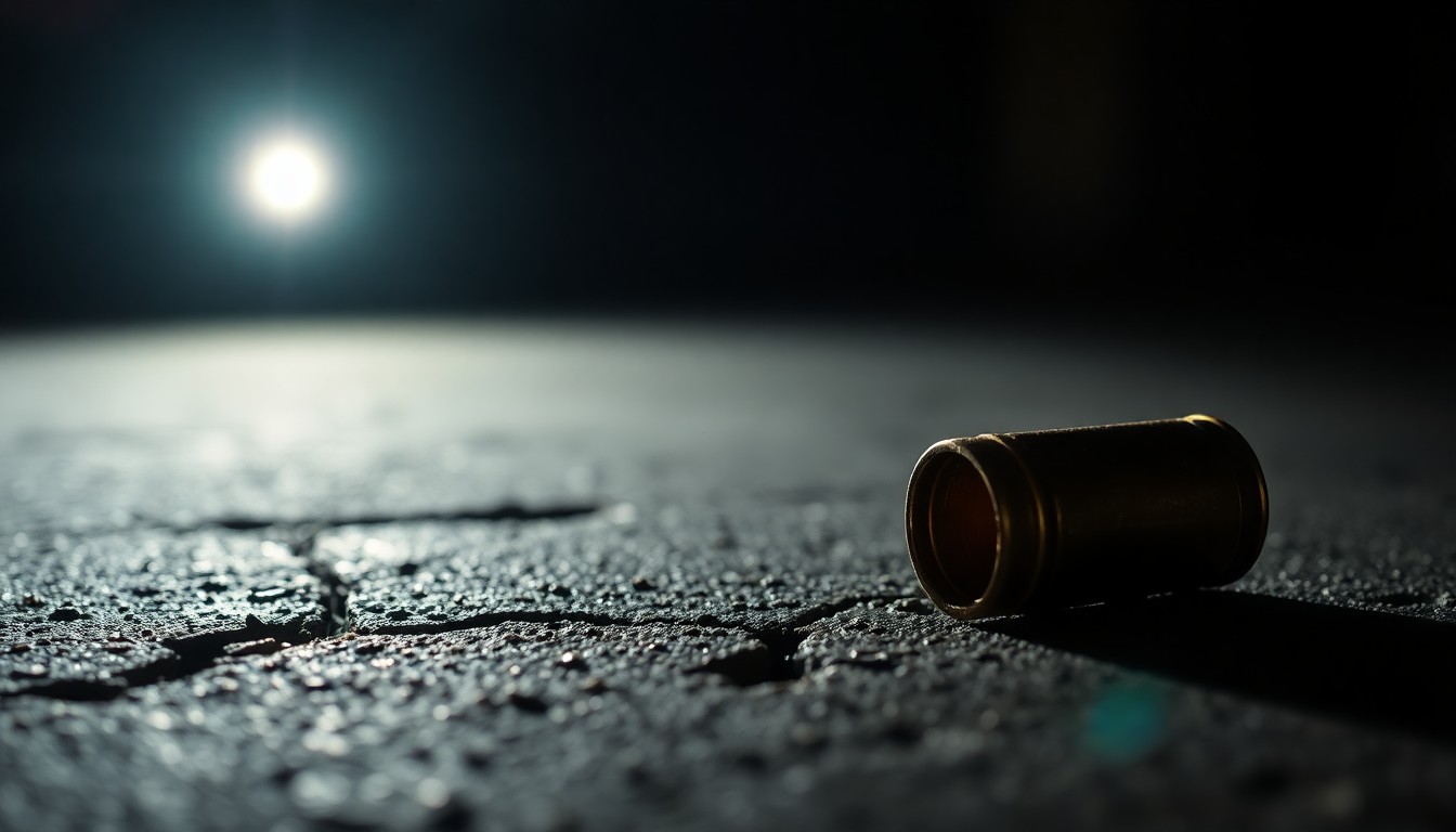An extreme close-up of a shiny brass shell casing lying on a rough concrete surface, dramatically lit by a harsh camera flash to create a stark, gritty aesthetic.