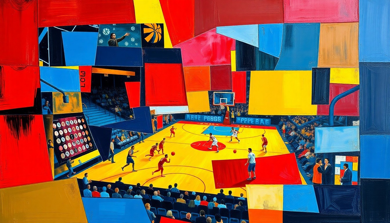 A fractured, cubist-style painting depicting the energy and movement of a basketball game, with sharp geometric shapes and planes of color representing the action on the court.