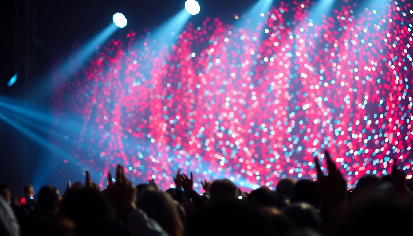 An extreme close-up photograph of shimmering, glittering sequins in dramatic, high-contrast studio lighting, capturing the glamour and energy of a music festival stage.