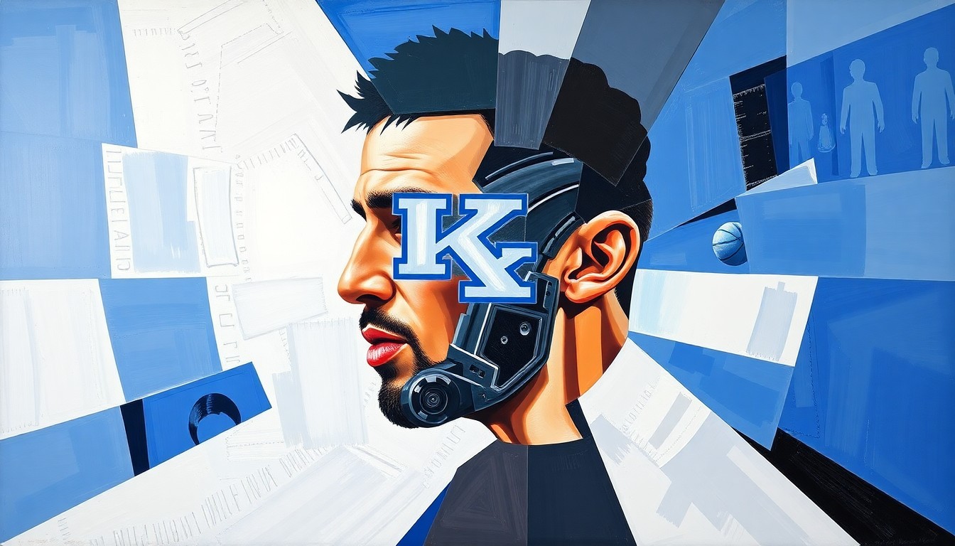 A fractured, geometric painting depicting the recruiting battle for a basketball player, with sharp, overlapping planes of color representing the competing interests and perspectives.