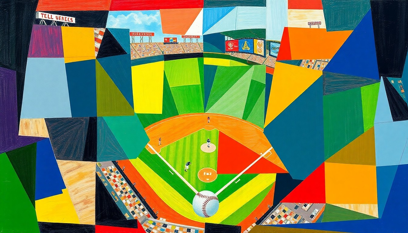 A fragmented, cubist-style painting depicting a baseball game, with sharp geometric shapes in the team colors of the Yankees and Rays overlapping to create a dynamic, multi-angled visual representation of the action on the field.