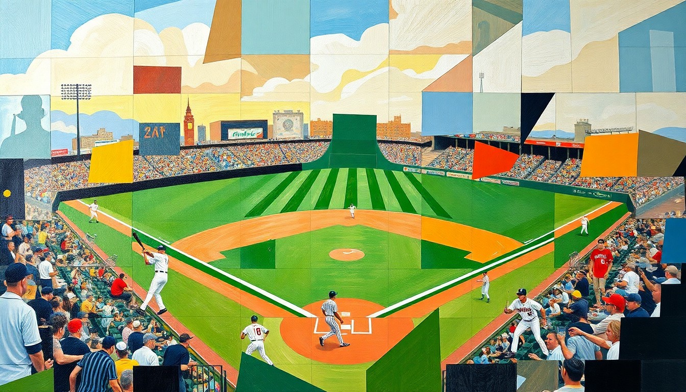 A fragmented, geometric painting depicting a baseball game in progress, with the players and field reduced to abstract shapes and planes of color, conveying the complexity and nuance of the sport's rules.