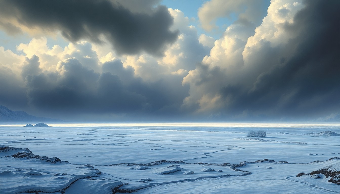 A sweeping, atmospheric landscape painting in muted tones of white, gray, and blue, depicting a frozen, snow-covered expanse under a dramatic, cloudy sky. The scene conveys the overwhelming scale and power of the winter storm, with any physical structures or objects dwarfed by the natural elements.