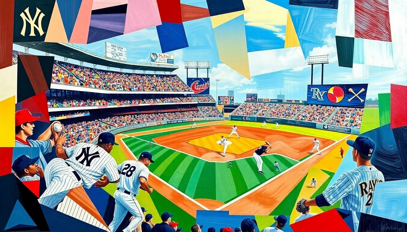 A fragmented, geometric painting depicting a baseball game, with sharp planes of color representing the players and action on the field. The conceptual illustration captures the tension and drama of the decisive moment in the game.