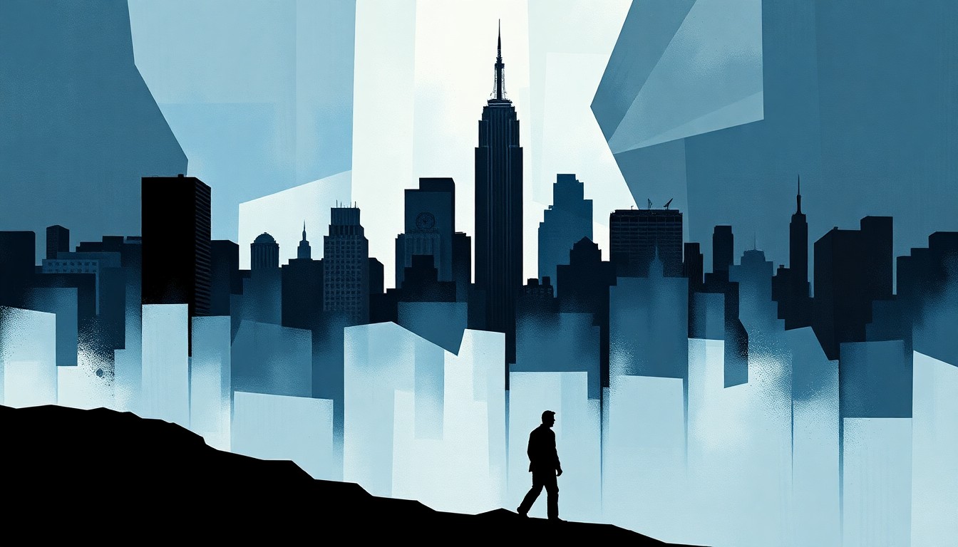 A fractured, abstract painting of a city skyline in shades of blue and grey, with a lone silhouetted figure in the foreground, conveying a sense of political unrest and division.