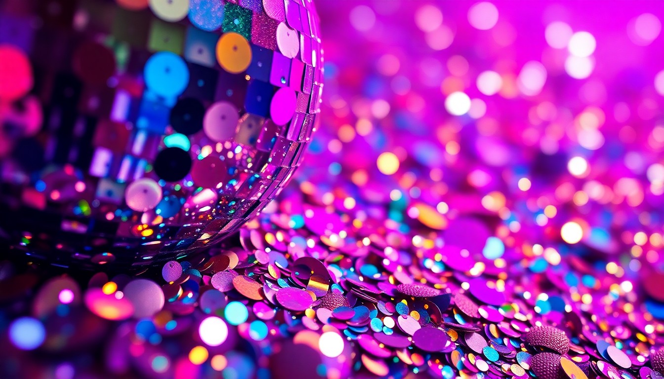 An extreme close-up photograph of sparkling sequins and shattered disco ball shards, reflecting dramatic studio lighting to create a glamorous, high-energy aesthetic.