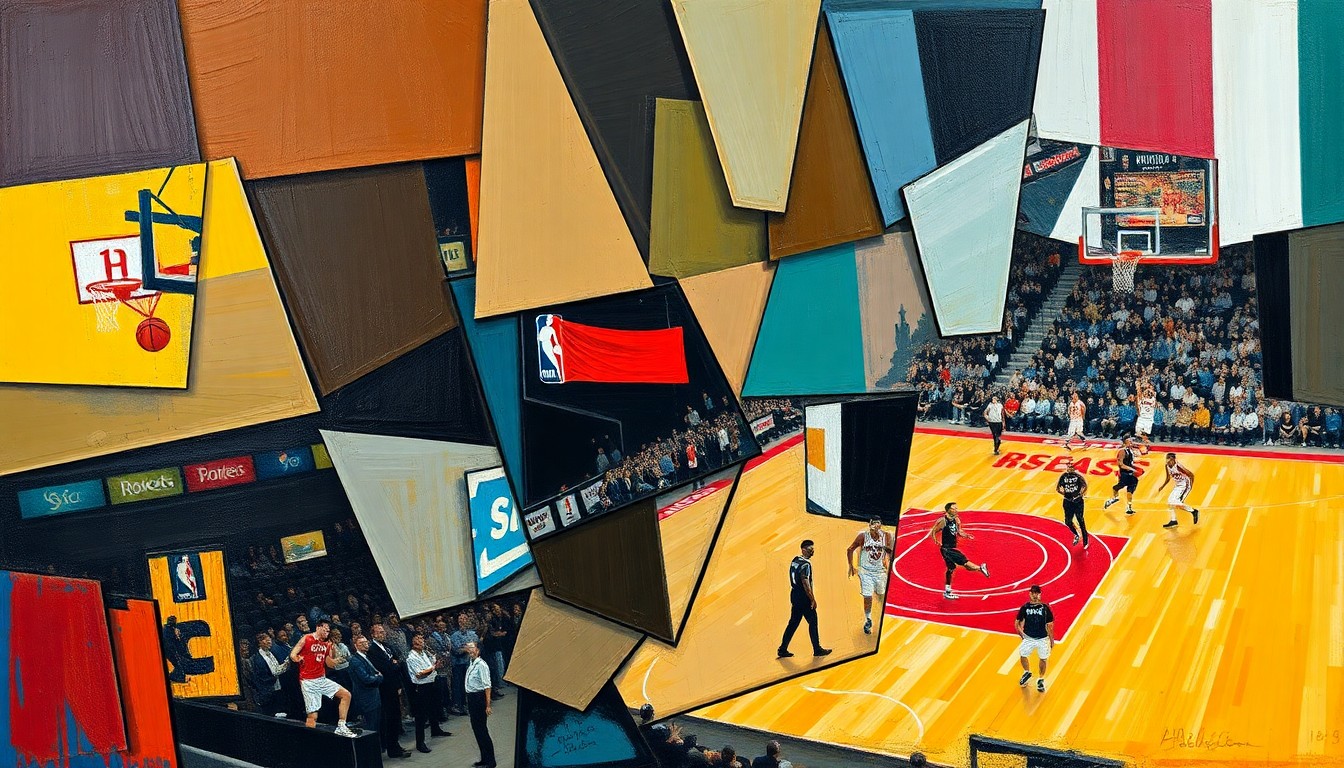 A fragmented, multi-angled painting depicting a basketball game between two teams, with sharp, overlapping geometric shapes and planes representing the dynamic action on the court.