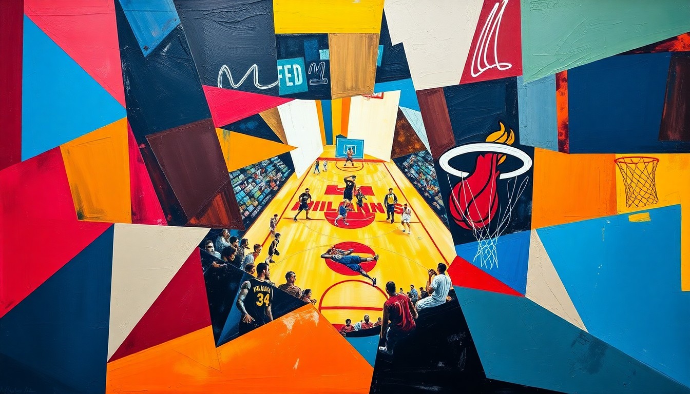 A cubist, geometric painting depicting a basketball game between the Atlanta Hawks and Miami Heat, with sharp, overlapping planes of color representing the dynamic action on the court.