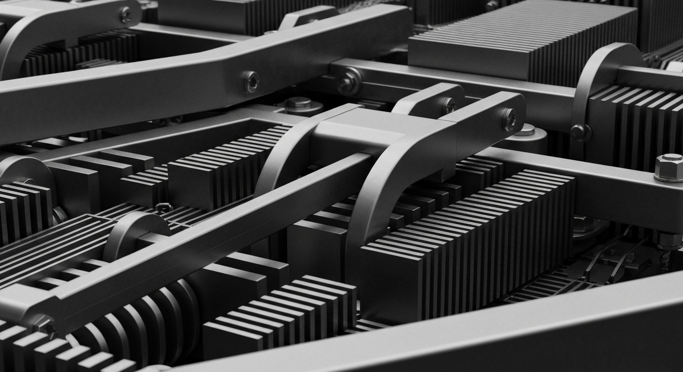 A cinematic close-up of heavy, industrial banking mechanisms and objects, representing the tangible systems that shape retirement savings and investment.