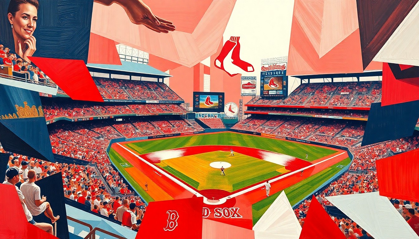 A cubist-style painting featuring sharp, overlapping geometric shapes in shades of red, navy blue, and white, conceptually representing the fragmented and disjointed nature of the Red Sox's early-season struggles.