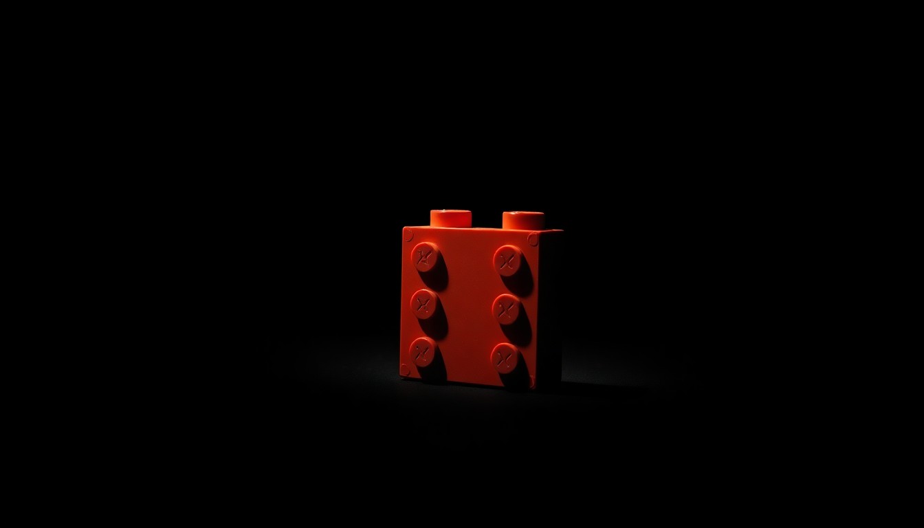 An extreme close-up of a single Lego brick reflecting a harsh, direct camera flash, conceptually illustrating the investigation into a large-scale cargo theft of Lego products.