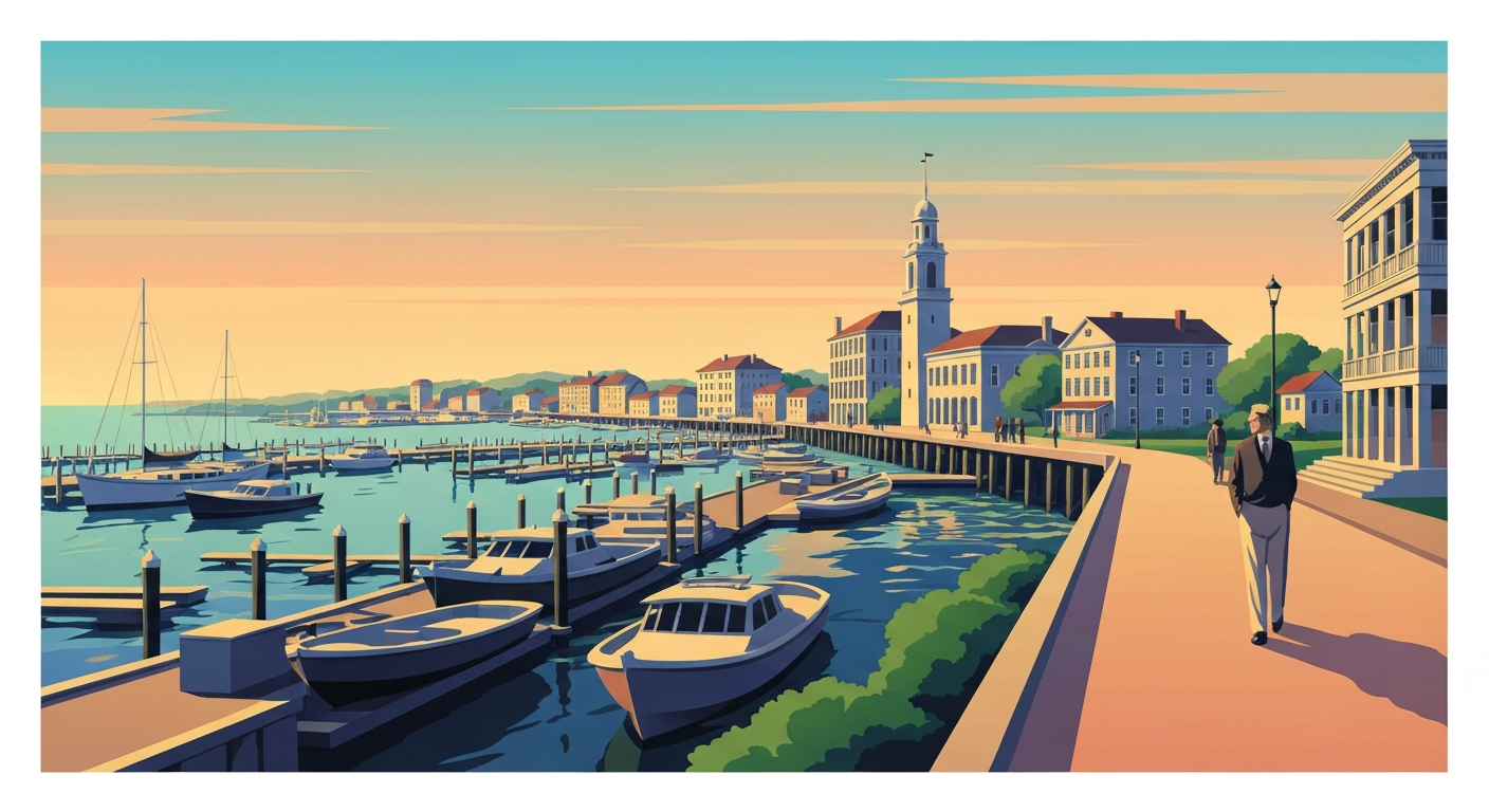 A bold, geometric illustration in the Art Deco style, depicting the sweeping, streamlined forms of a coastal town's harbor and historic architecture, capturing the grand scale and romantic appeal of Brunswick, Georgia.