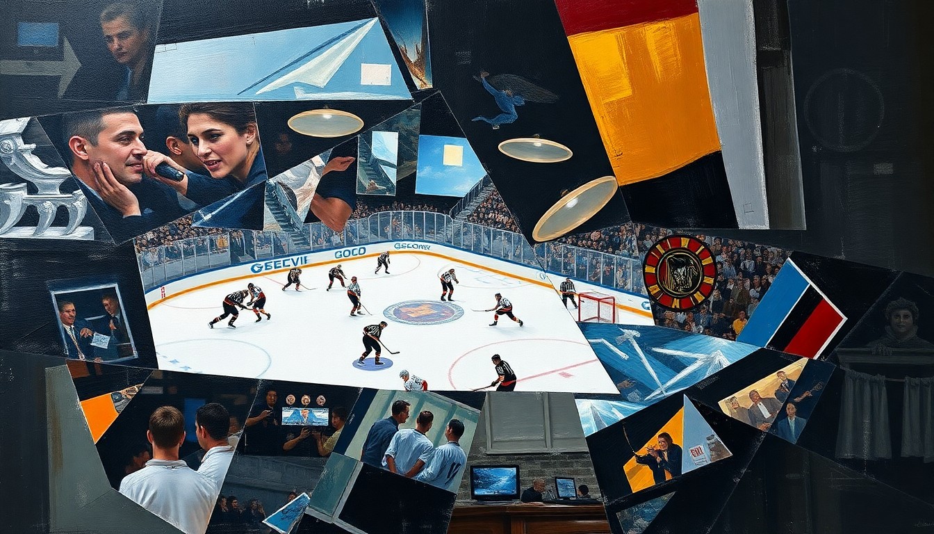 A cubist-style painting depicting a hockey game broken down into overlapping geometric shapes and planes, capturing the dynamic energy and tension of the playoff matchup.