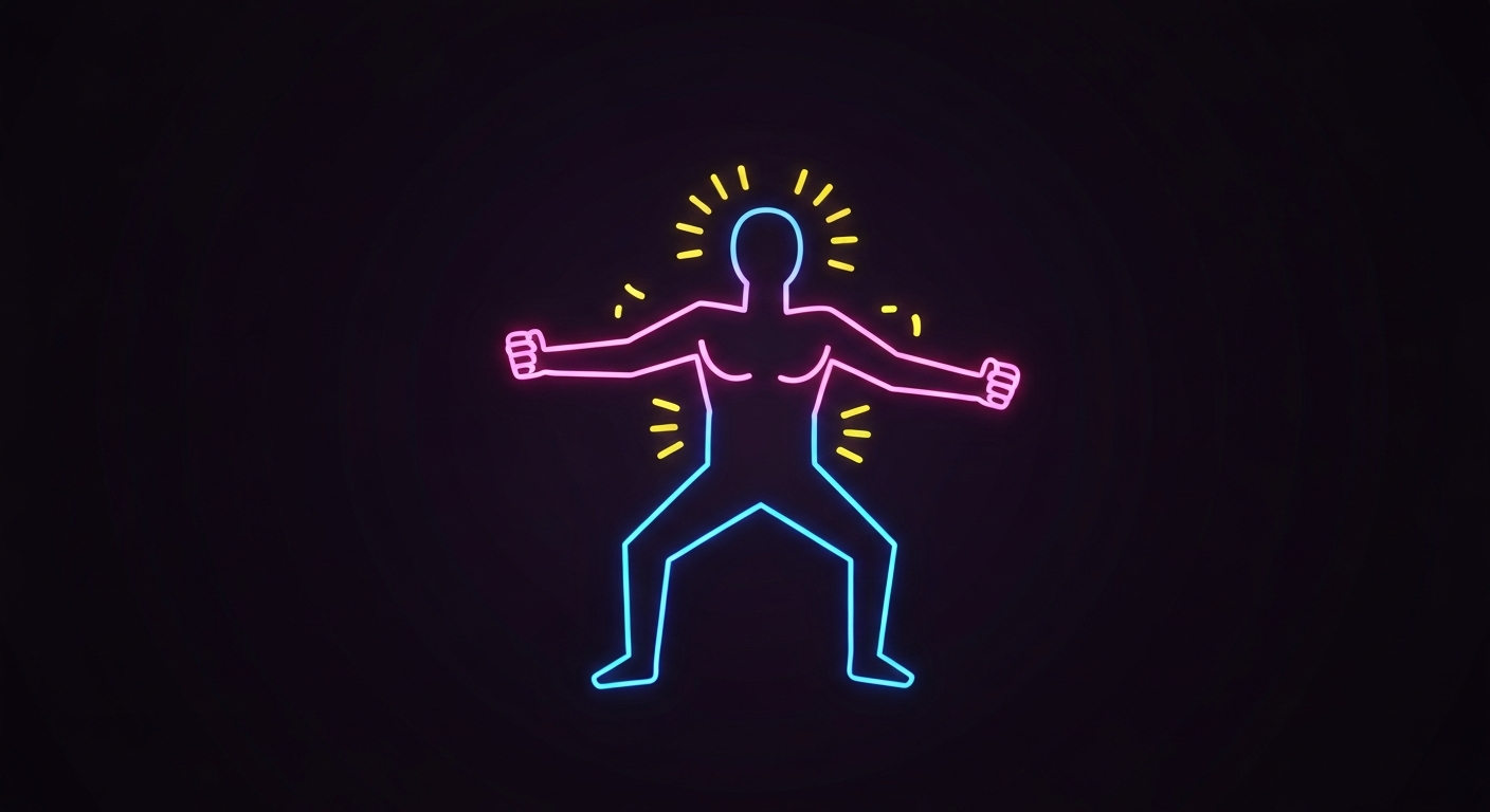 A minimalist, neon-outlined human figure in a powerful, dynamic pose against a dark background, conceptually representing the energy and controversy surrounding the carnivore diet.