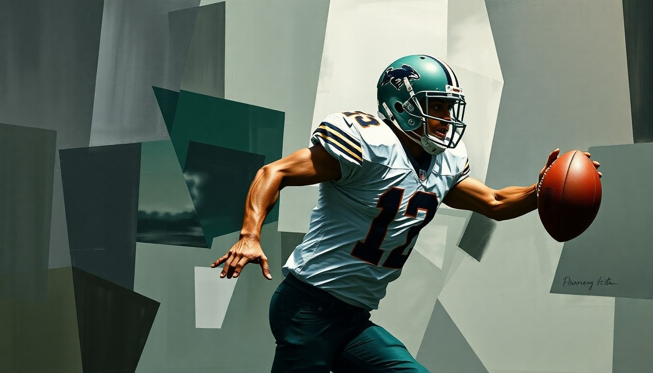 A fractured, cubist-style painting depicting a football player's movements and actions broken down into sharp, overlapping geometric shapes in shades of grey and green, conceptually representing the complexities and challenges of an athlete's career in the NFL.