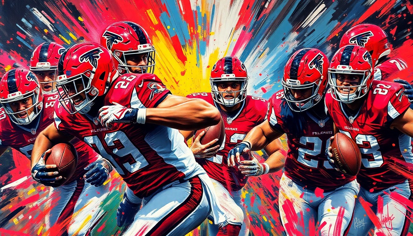 An abstract, expressionist painting featuring vibrant brushstrokes of red, orange, and yellow, capturing the dynamic movement and energy of Atlanta Falcons players in their throwback uniforms.