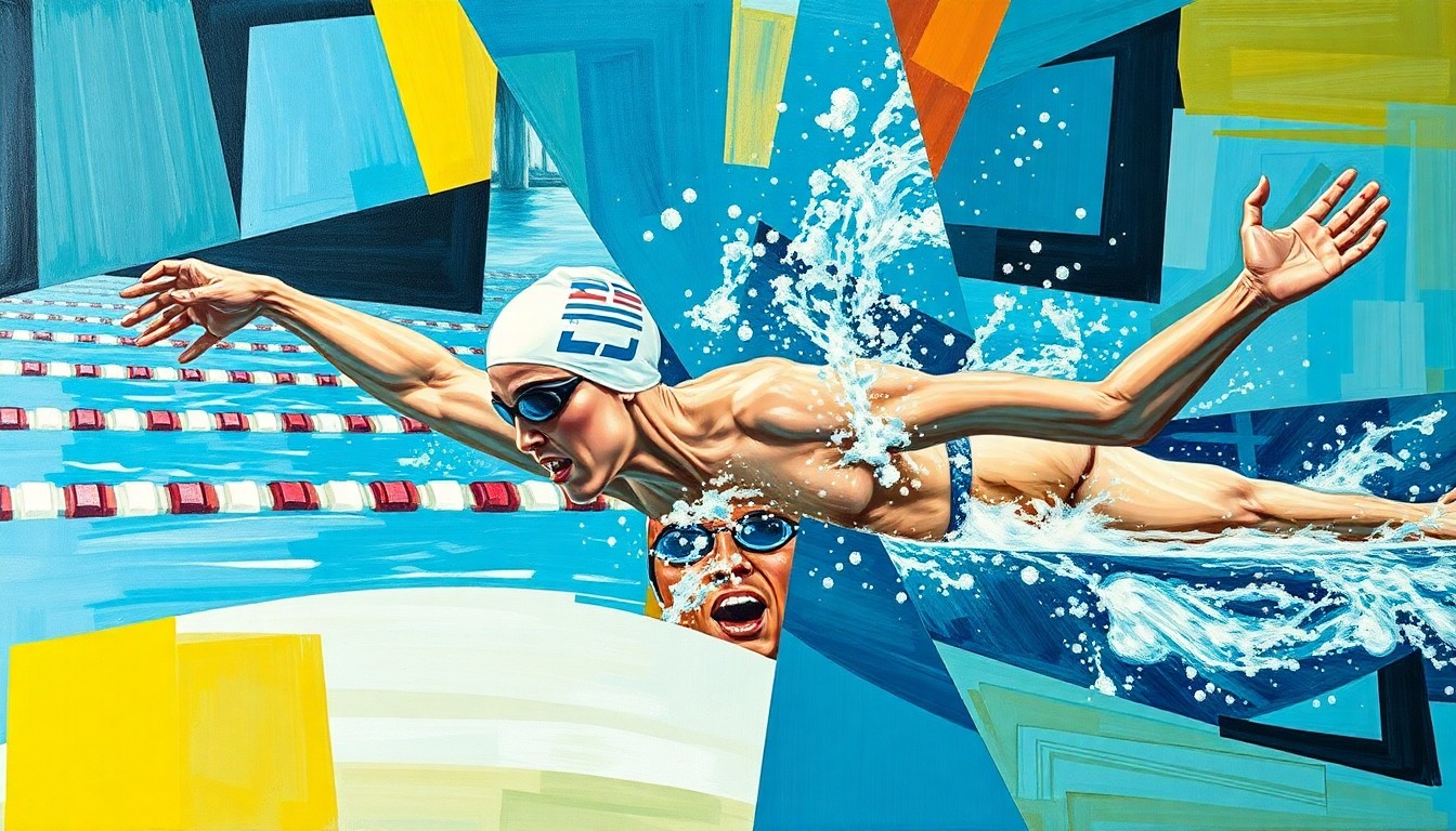 A fractured, multi-perspective painting depicting a swimming competition or Lilly King's athletic achievements, with sharp, overlapping geometric planes in a cubist style.
