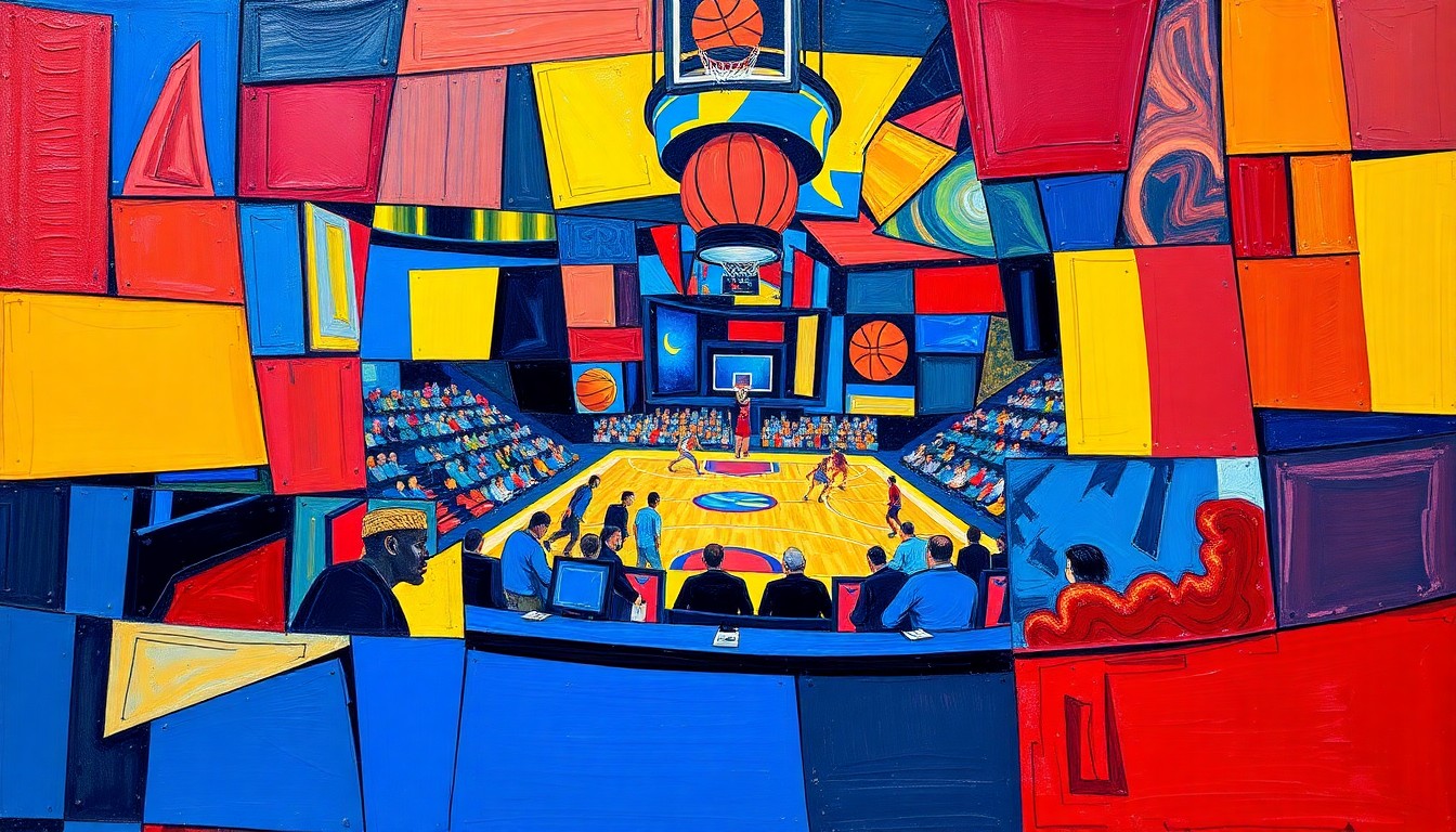 A cubist, geometric painting depicting fragmented scenes of a basketball game or broadcast booth, with sharp, overlapping planes of vibrant colors like blue, red, and yellow, conveying the idea of a broadcaster prioritizing their local community over national fame.