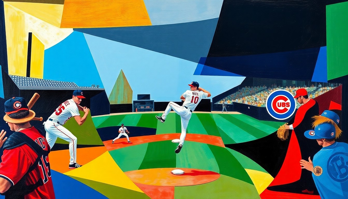 A fractured, geometric painting depicting a baseball game in abstract shapes and colors, capturing the intensity and strategy of the pitcher's duel between the Angels and Cubs.