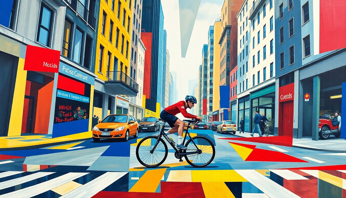 A fragmented, cubist-style painting depicting a cyclist racing through an urban environment, with sharp geometric shapes and vibrant colors capturing the dynamic motion and energy of the sport.