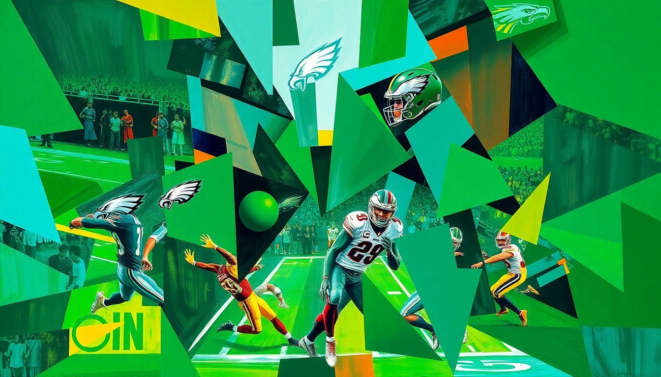 A fractured, multi-perspective painting depicting an intense football game, with sharp, overlapping geometric planes in the Eagles' green and the opposing team's colors, capturing the raw energy and strategic complexity of the sport.