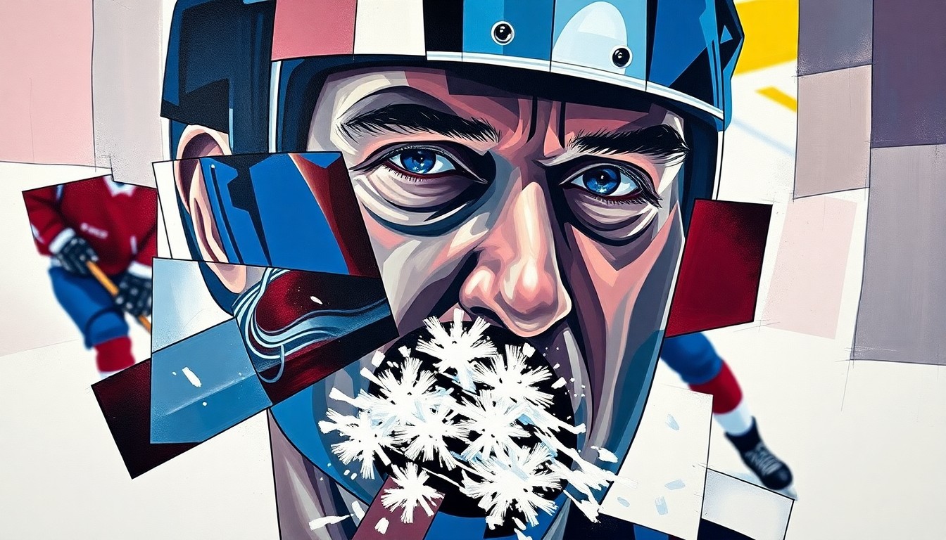 A cubist, geometric painting in shades of navy, burgundy, and silver, breaking down a hockey coach being struck in the face by a puck into sharp, overlapping planes, conveying the impact and danger of the incident.