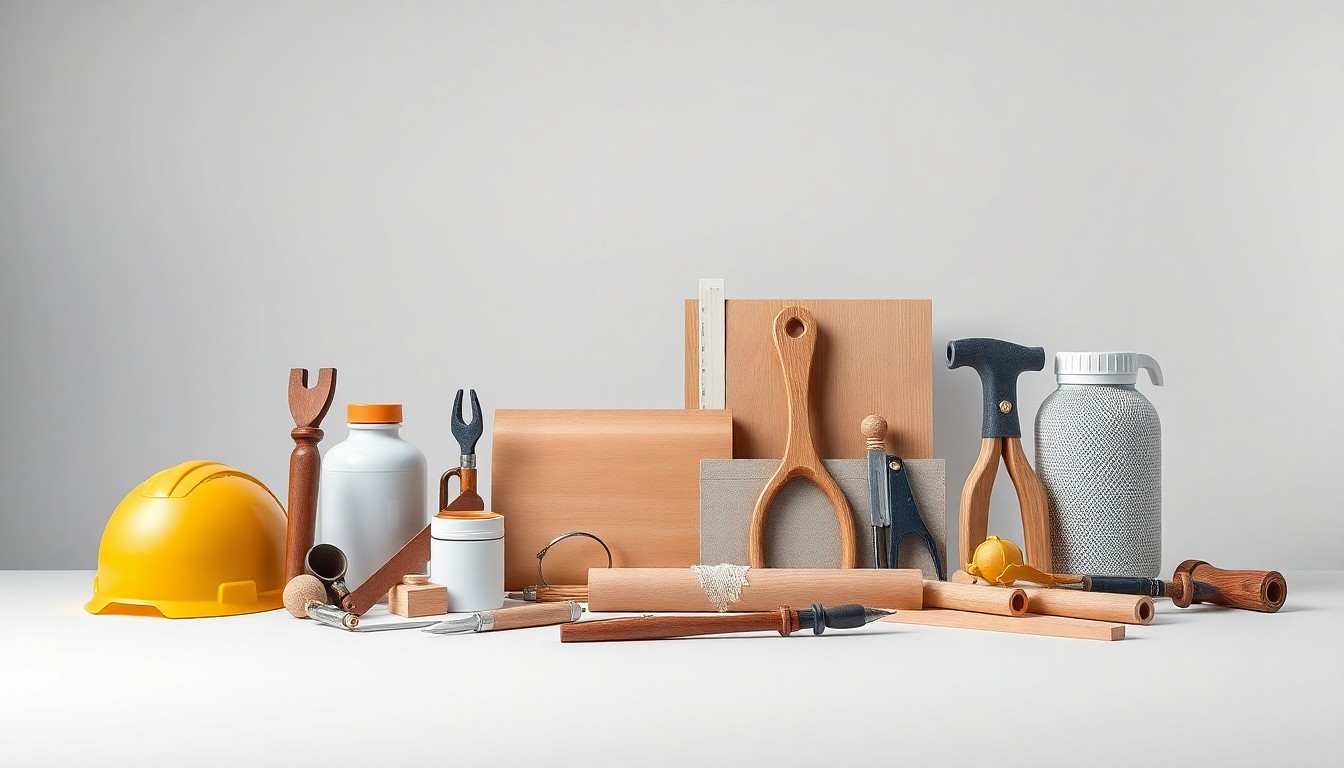 A high-end, photorealistic studio still life featuring a selection of construction materials and tools, including a tape measure, safety goggles, and a hardhat, arranged elegantly on a clean, monochromatic background to symbolize the craftsmanship and attention to detail that define FM Constructors' approach to their work.