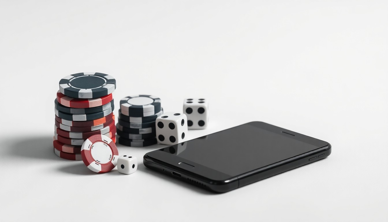 A photorealistic studio still life featuring a stack of casino chips, a pair of dice, and a modern smartphone arranged elegantly on a clean, monochromatic background, symbolizing the balance between speed and security in the online gaming industry.