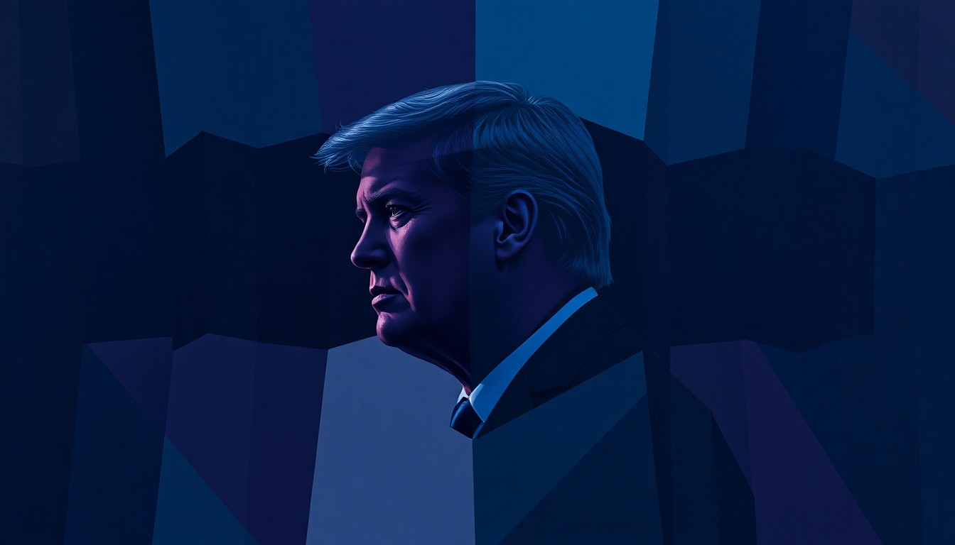 A fractured, abstract painting of a politician's silhouette repeated in overlapping geometric shapes and waves of dark blue, purple, and grey tones, conveying a sense of political instability and scandal.