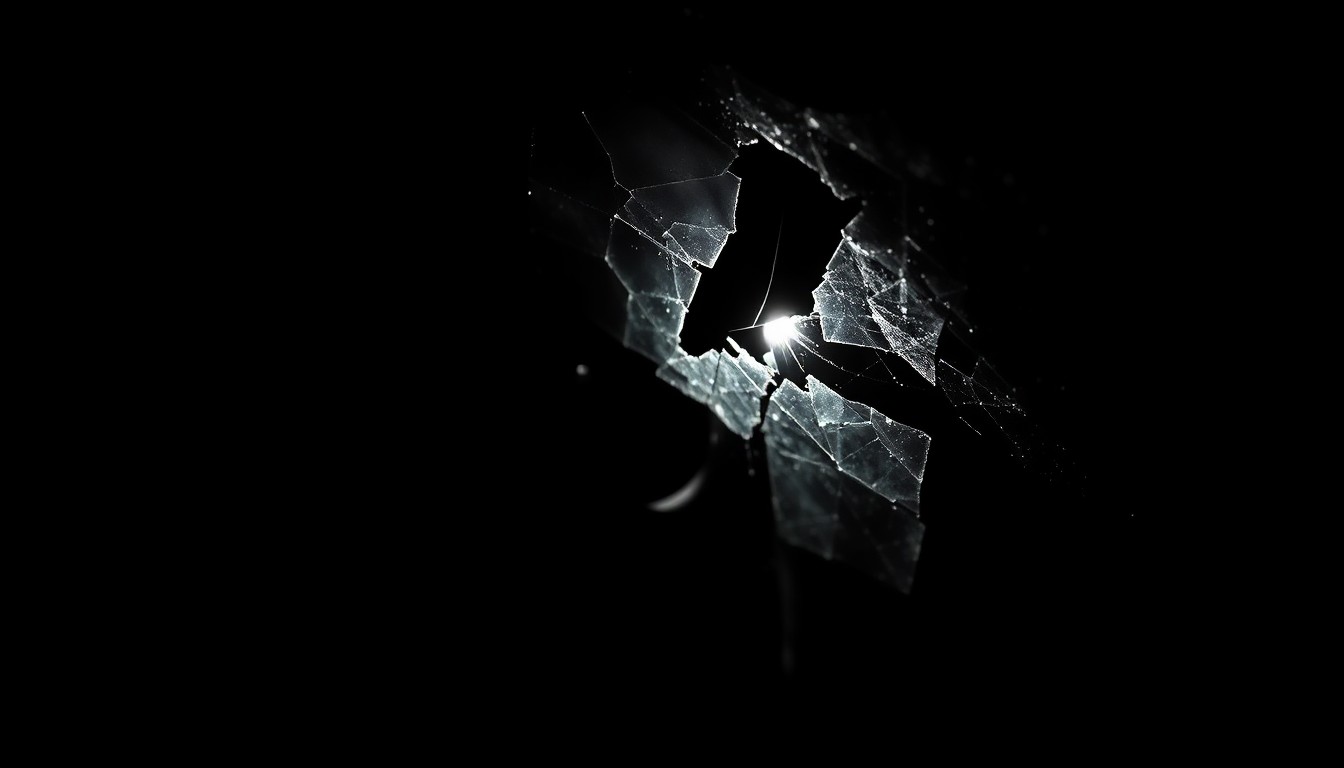 An extreme close-up photograph of a shattered car window or damaged vehicle part, lit by a harsh, direct camera flash against a pitch-black background, conceptually illustrating the devastating impact of the fatal collision.