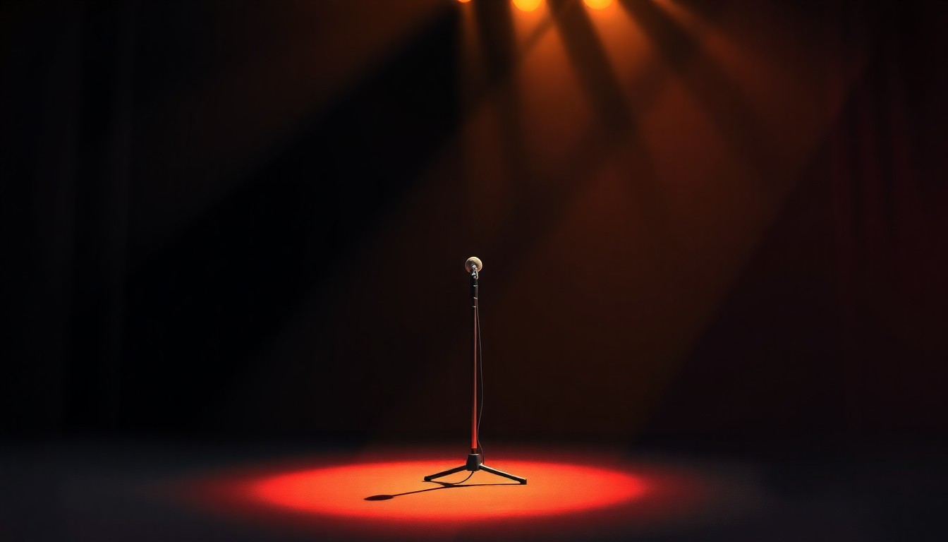 A moody, atmospheric painting depicting a lone microphone on a dimly lit stage, with warm lighting and deep shadows creating a sense of contemplation and artistic expression.