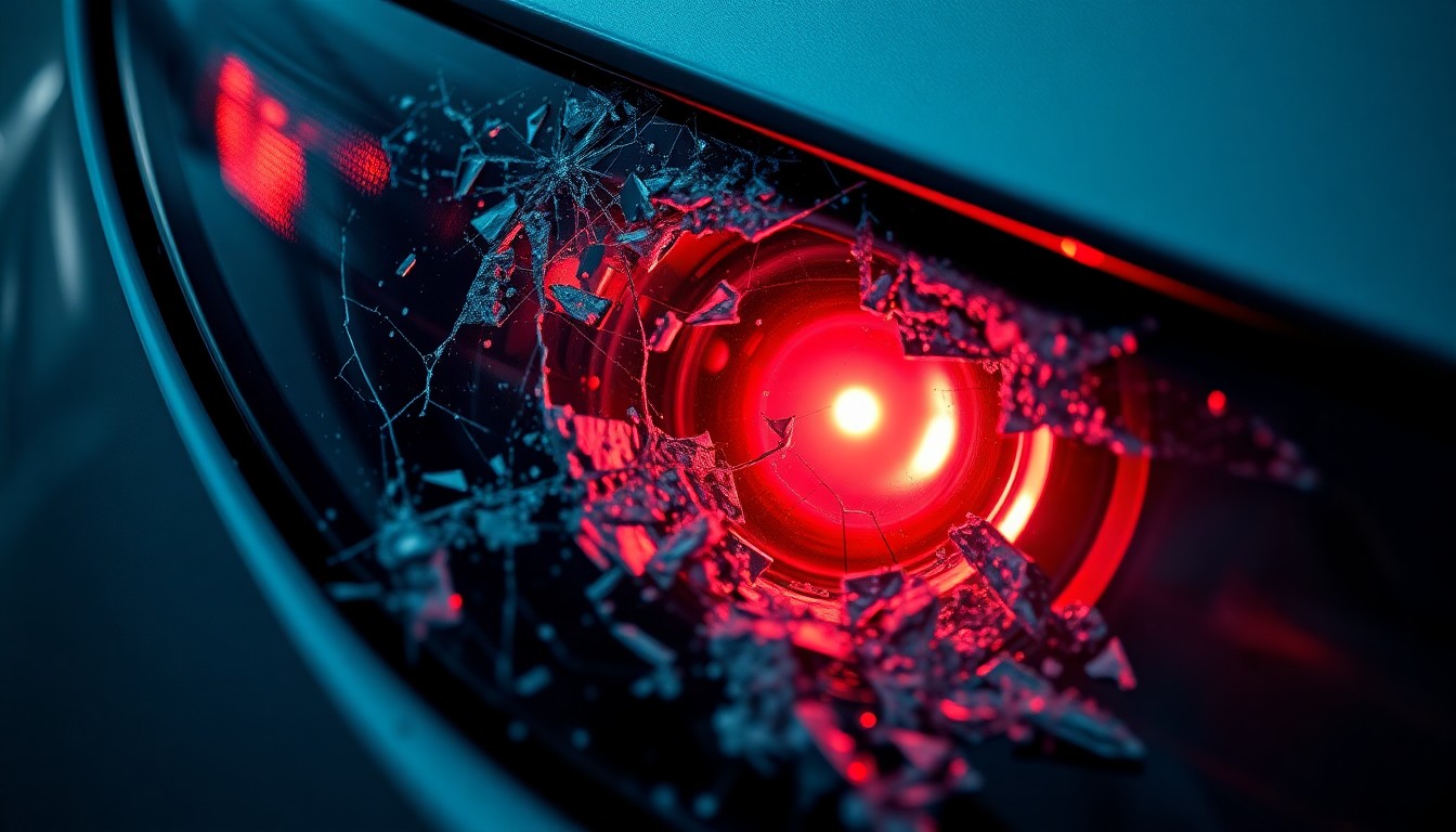 An extreme close-up of a shattered car sensor lens reflecting a faint red light, conceptually illustrating the vandalism of self-driving cars.