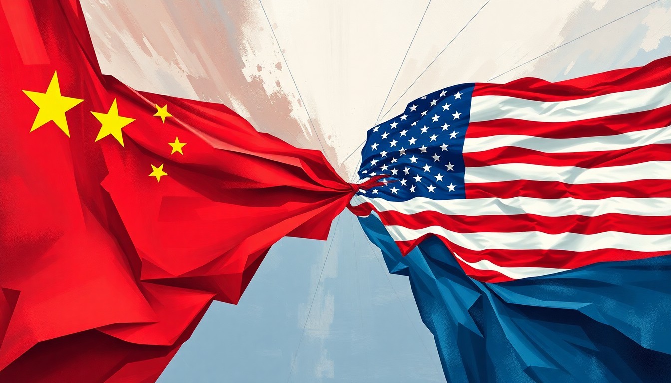 A dynamic, abstract painting featuring overlapping, fragmented geometric shapes in shades of red, blue, and gold, representing the clash and convergence of Chinese and American global influence.