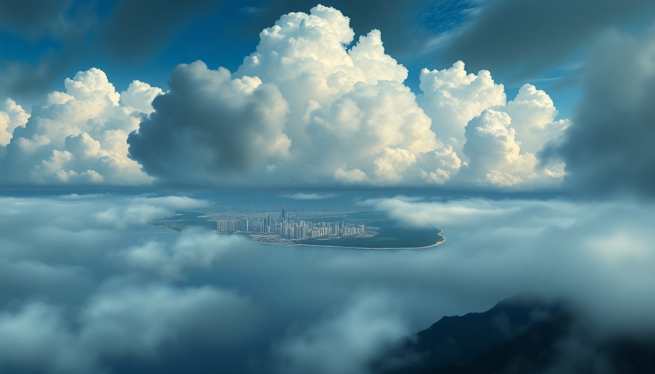 A dramatic, atmospheric landscape painting in muted tones of grey, blue, and white, depicting the skyline of Honolulu shrouded in heavy fog and dramatic cloud formations, with the city's buildings and structures barely visible against the overwhelming power of the natural elements.