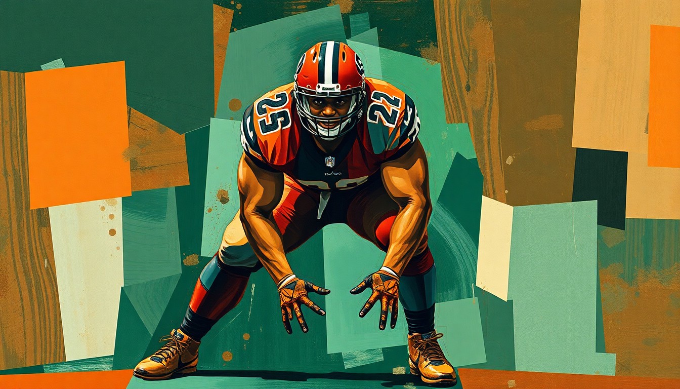A cubist, multi-perspective painting depicting the powerful movements and stance of a defensive lineman, with sharp, overlapping geometric planes in a palette of deep greens, burnt oranges, and earthy browns.