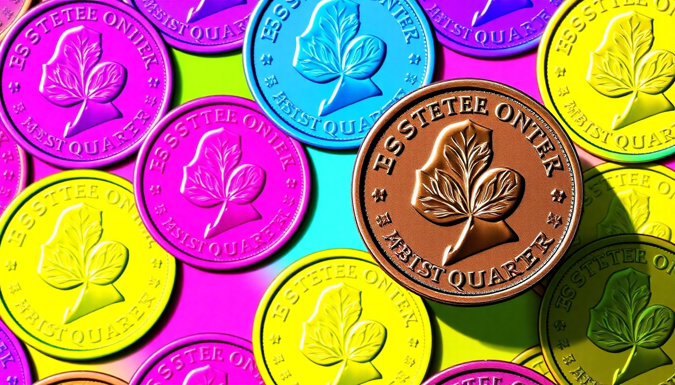 A grid of brightly colored, high-contrast silkscreen prints of a 2004 Wisconsin state quarter coin, with the extra corn leaf detail prominently featured in a conceptual illustration capturing the excitement of coin collecting.