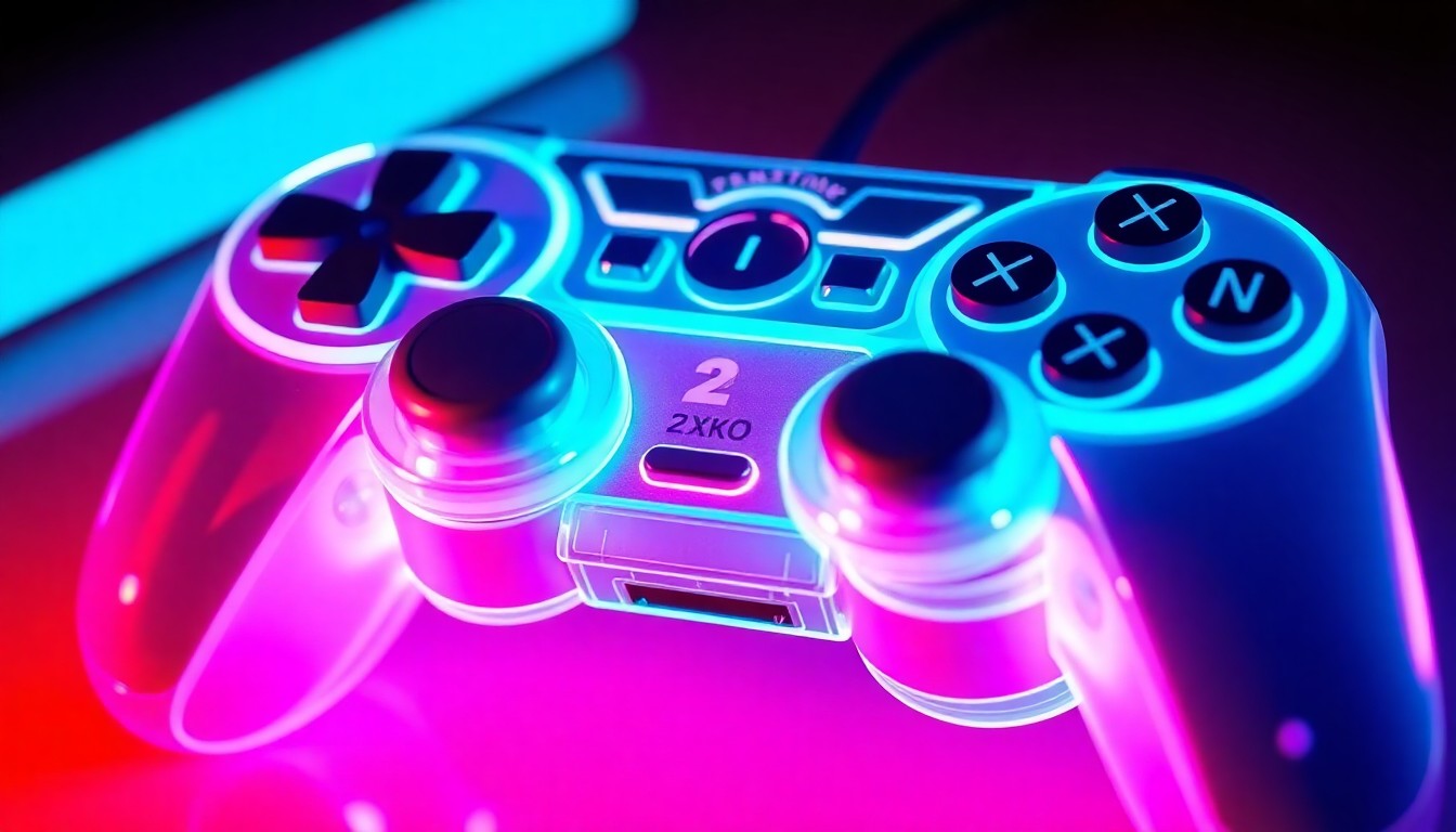 A close-up view of a sleek, glowing game controller with intricate cybernetic details, representing the technological advancements and inclusive design of the 2XKO console release.
