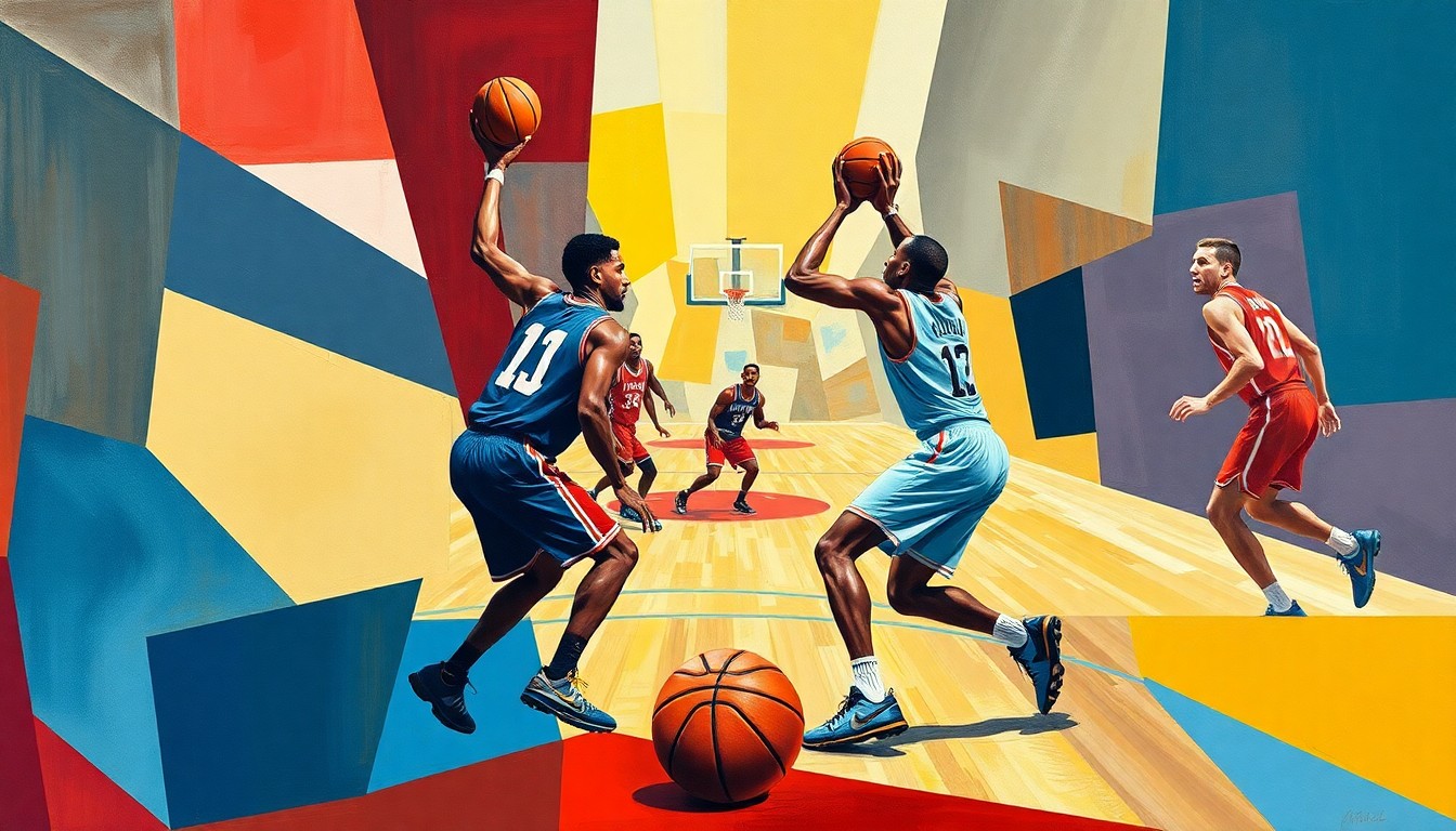 A cubist, geometric painting depicting a fragmented basketball game, with the players' forms broken down into abstract shapes and planes of color, capturing the dynamic energy of the sport.