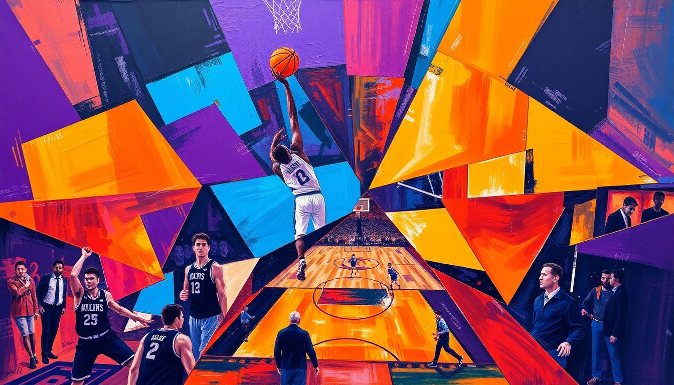 A fractured, multi-perspective painting in bold, vibrant colors depicting a basketball game or match broken down into sharp, overlapping geometric planes, conceptually representing the high-stakes intensity of the Suns' upcoming play-in tournament game.