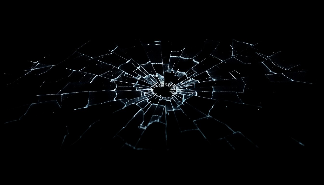 An extreme close-up photograph of a cracked and damaged car windshield, conceptually representing the aftermath of a serious traffic accident.