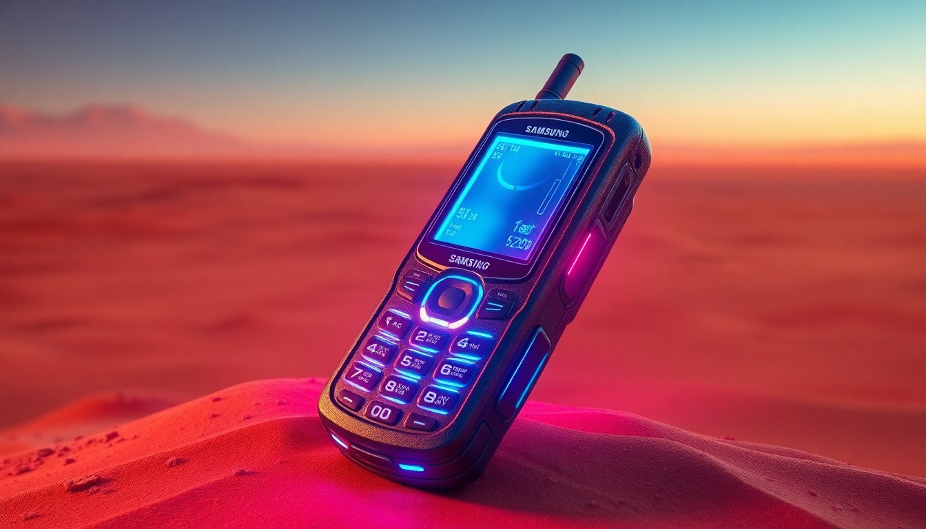 A highly detailed 3D illustration of a glowing, weathered Samsung Gusto 2 flip phone with neon cyan and magenta lights illuminating its rugged exterior, set against a vast, arid desert landscape, conceptually representing the phone's decade-long survival in a harsh environment.