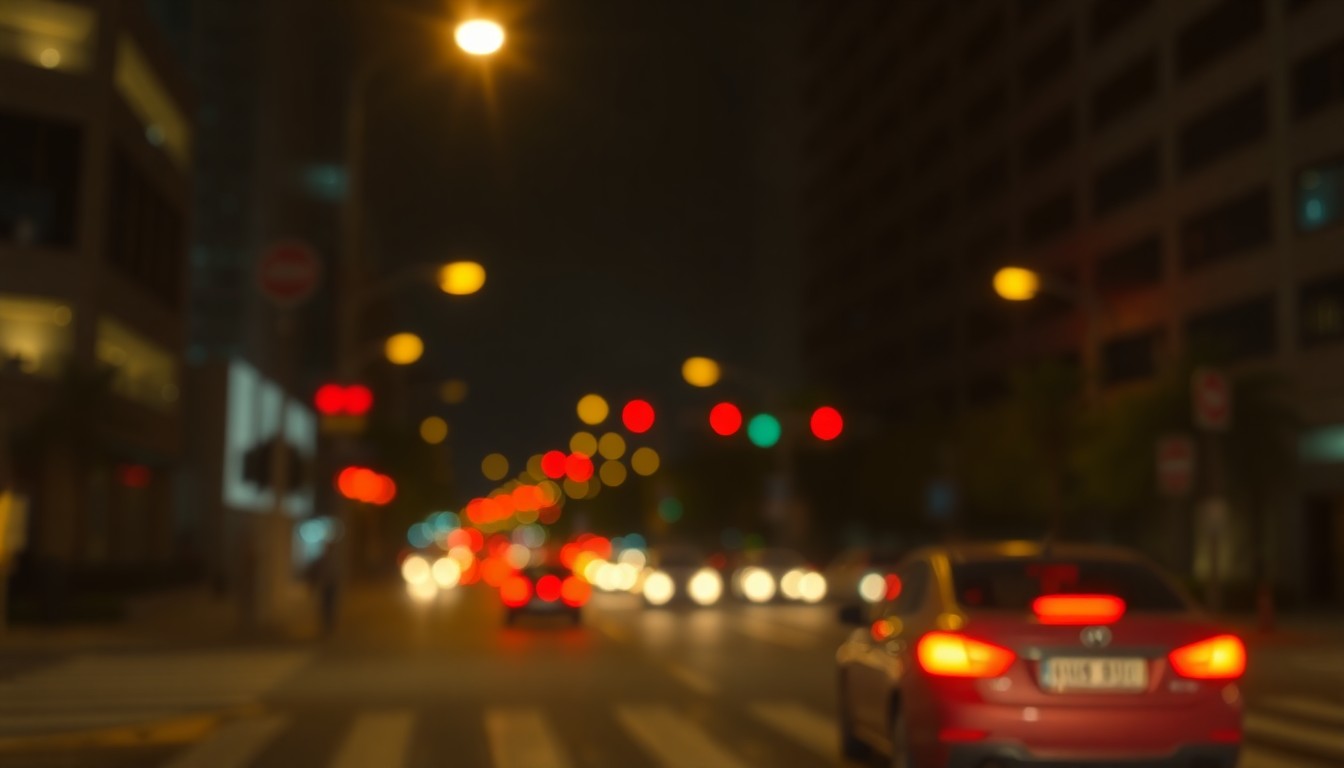 An extremely abstracted, out-of-focus photograph of a busy urban intersection at night, with soft pools of warm yellow, red, and blue lights from passing cars and streetlamps, conceptually representing the complex challenges of balancing road safety initiatives and equitable enforcement.
