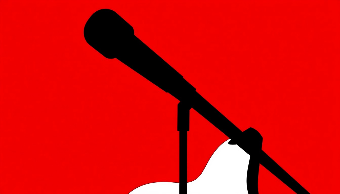 A minimalist, graphic illustration featuring a black silhouette of a microphone and guitar against a vibrant red background, conveying the disruption caused by an artist's injury and the challenges faced in the music industry.